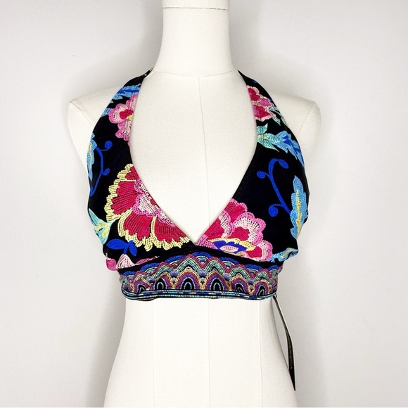 La Blanca Halter Bikini Top Black Multi Floral Embroidered Swimwear Size 12 NWT - Picture 2 of 6